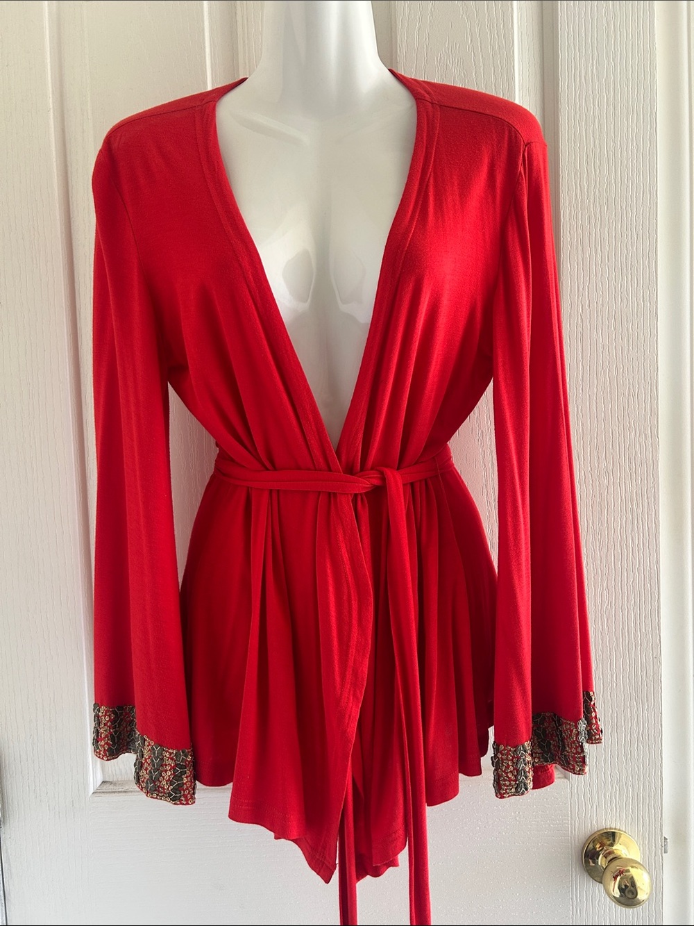 Red Tie-Waist Women’s Top with Embellished Cuffs